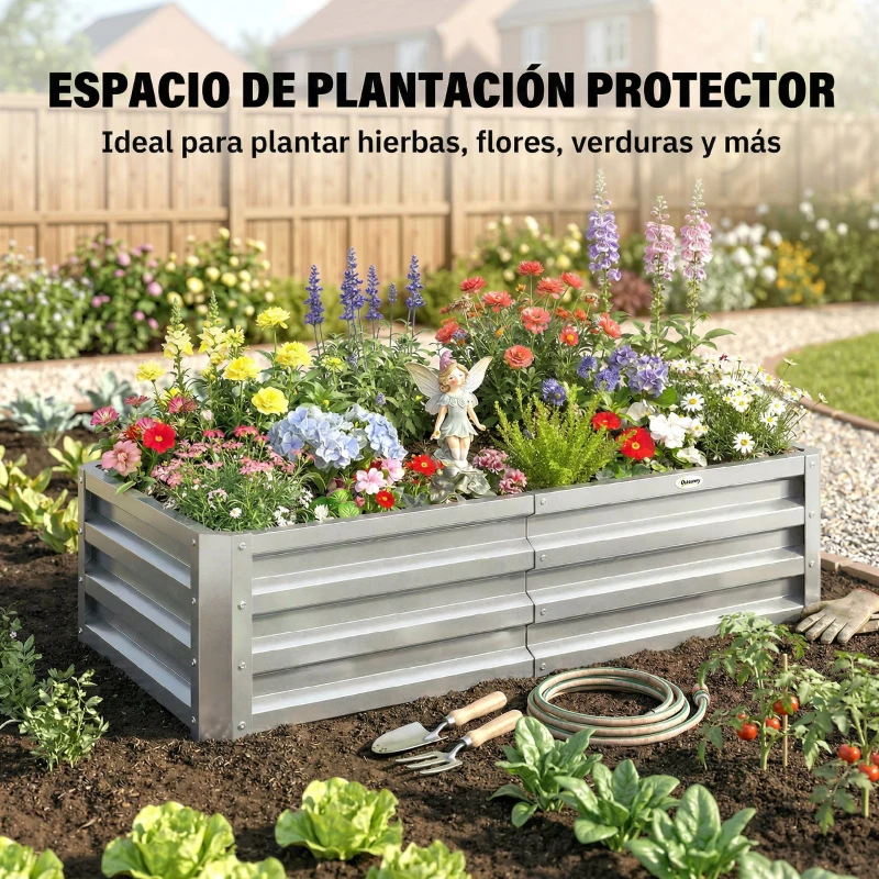 Outsunny Jardinera Elevada Rectangular de Acero Galvanizado para Cultivar Plantas Flores Hierba 120x60x30,5 cm Plata