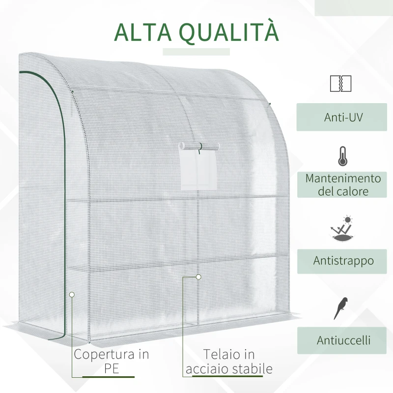 Outsunny Serra Addossata a 3 Livelli con Porte e Finestre Avvolgibili, in PE e Acciaio, 200x100x215 cm, Verde e Bianco