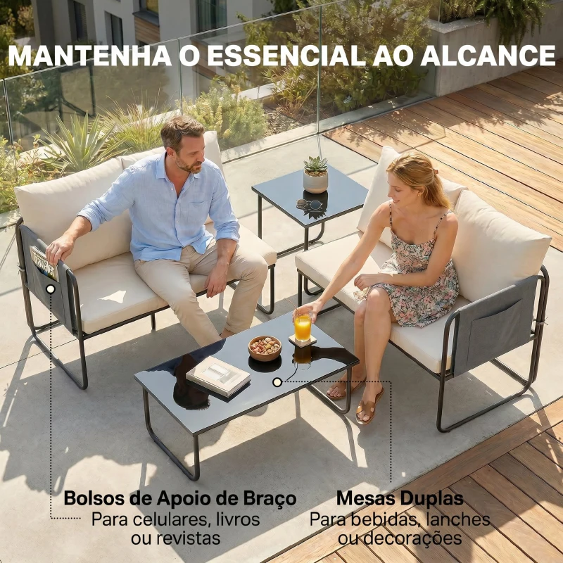 Outsunny Conjunto de Jardim de 4 peças Móveis de Exterior com 2 Sofás de 2 Lugares 2 Mesas de Vidro Almofadas Capas Removíveis Preto e Bege