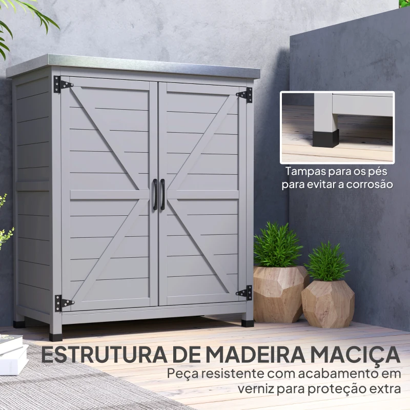 Outsunny Armário de Exterior em Madeira com Tampo de Aço Galvanizado Prateleira 2 Portas  para Armazenamento de Ferramentas 79x43x92 cm Cinza