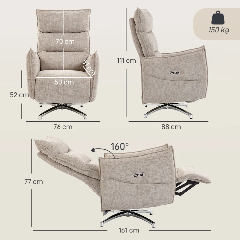 HOMCOM Sillón relax eléctrico giratorio para adultos, sillón con tejido efecto lino y puertos de carga, beige