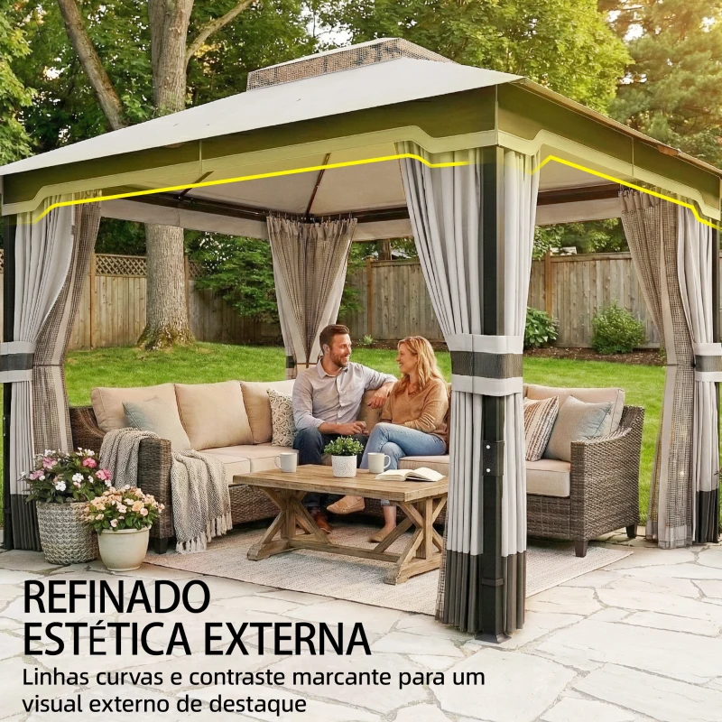 Outsunny Pérgola de Jardim 360x300x279 cm com Duplo Teto 4 Paredes Laterais e Rede Mosquiteira Estrutura Metálica Cinza Claro