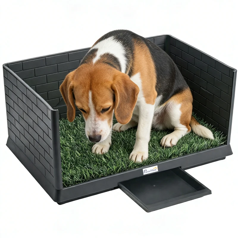 PawHut Sanita para Cães com Relva Artificial 75x51x36,5 cm com Paredes Altas Bandeja Deslizante e Fácil de Limpar Preto