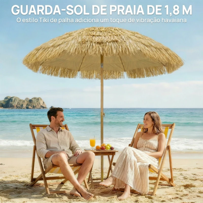 Outsunny Chapéu de Sol de Praia com Franjas de Palha Ø178 cm com Inclinação Altura Ajustável UV50+ Bolsa de Transporte Castanho Claro