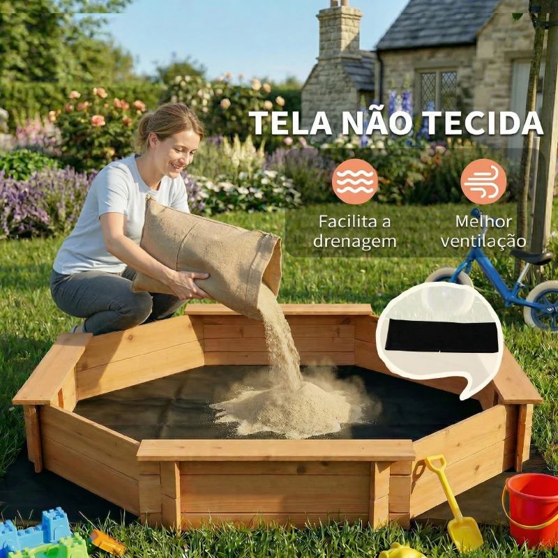 Outsunny Caixa de Areia de Madeira para Crianças Caixa de Areia Infantil com Cobertura de Poliéster 139,5x139,5x21,5 cm Vermelho e Azul