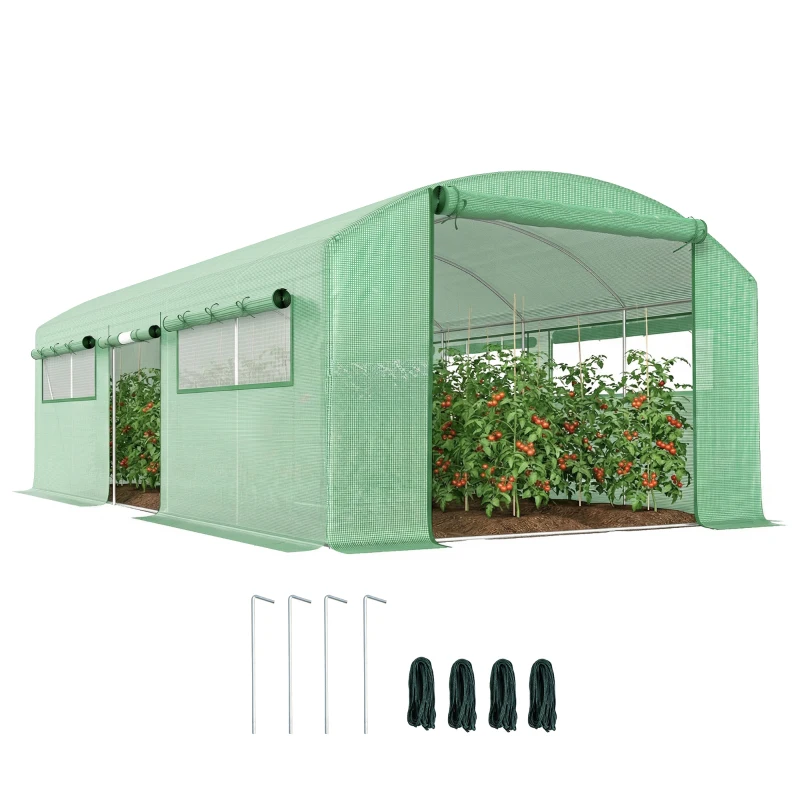 Outsunny Estufa Tipo Túnel 6x3x2 m com 3 Portas Enroláveis 6 Janelas com Rede e Estrutura de Aço Galvanizado Verde