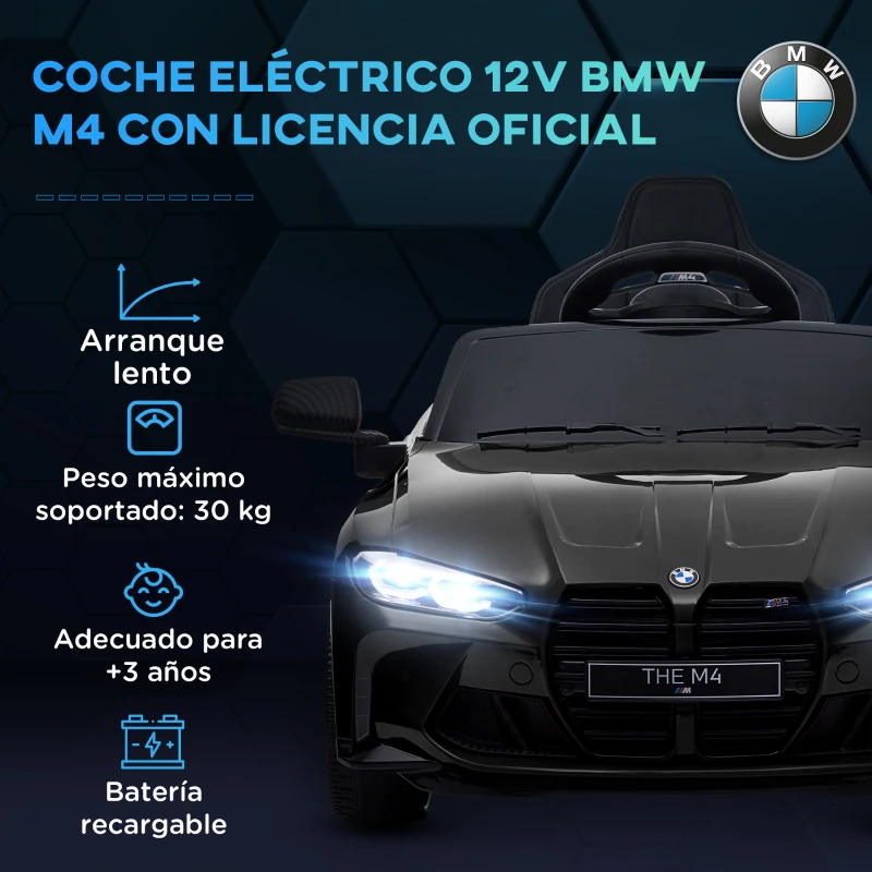 AIYAPLAY Coche de Batería para Niños 12V BMW M4 con Mando a Distancia Faros Bocina Música Velocidad 3-5 km/h Negro