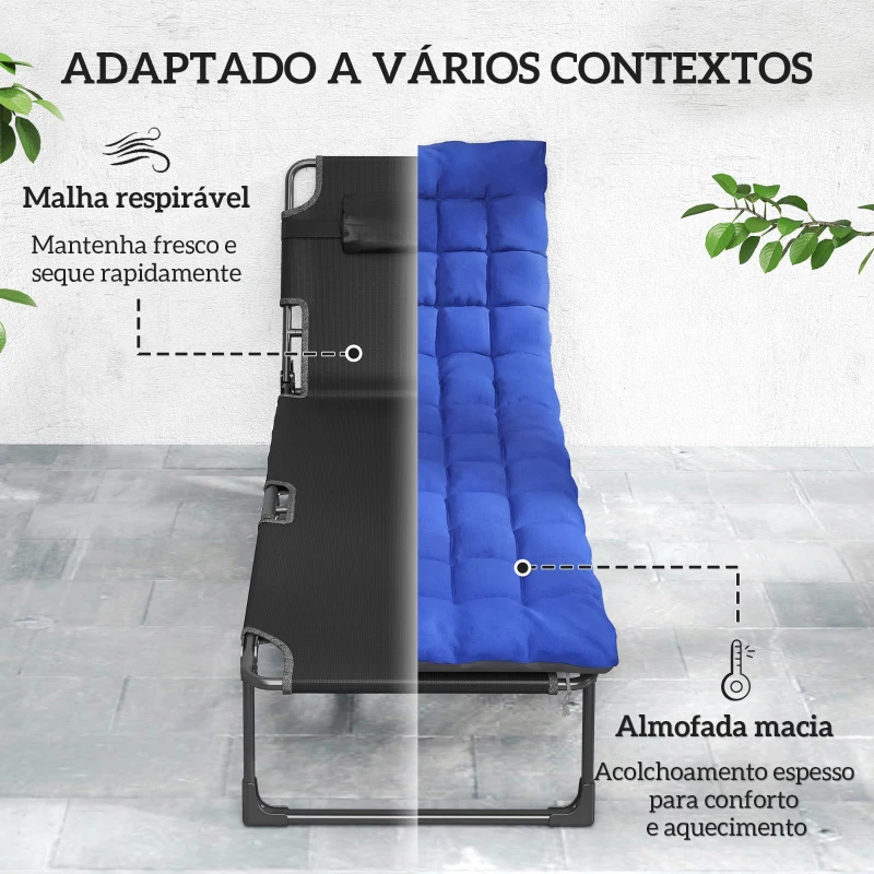 Outsunny Conjunto de 2 Espreguiçadeiras Dobráveis com Apoio de Cabeça, Almofadas, Bolso Lateral e Encosto Reclinável em 5 Posições Azul