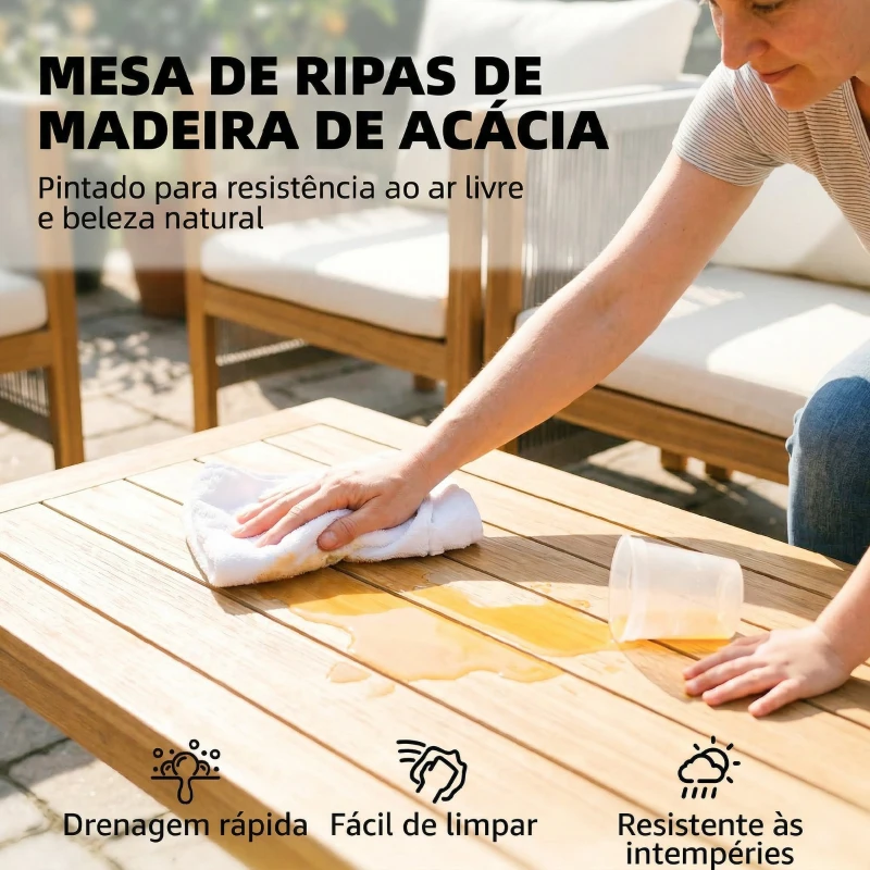 Outsunny Conjunto de Móveis de Jardim de 4 Peças com Sofá de 2 Lugares 2 Poltronas Mesa de Madeira Almofadas e Corda de PP Madeira e Bege