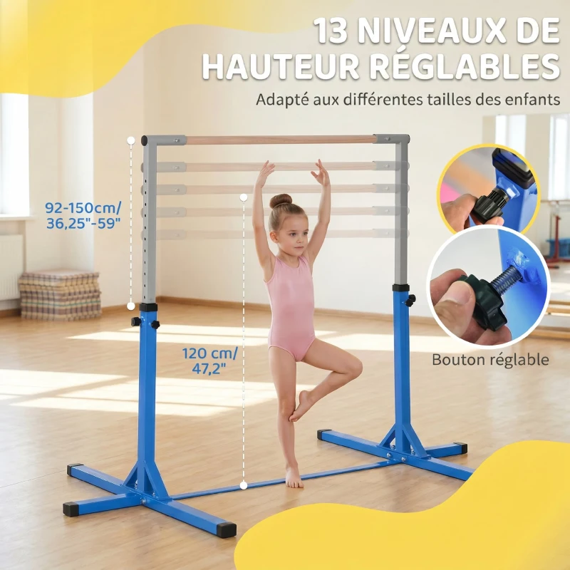HOMCOM Barre fixe de gymnastique enfant - barre de gymnastique hauteur réglable 13 niveaux 92 à 150 cm - acier bleu bois hêtre