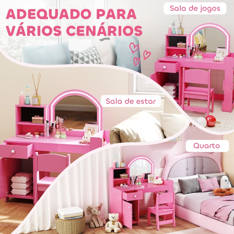 AIYAPLAY Toucador de Maquilhagem Infantil com Banquinho e Espelho com Luzes LED 1 Gaveta Armário e 5 Prateleiras Rosa