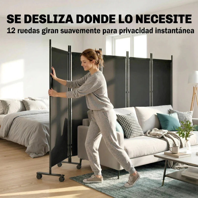 Outsunny Biombo Plegable de 5 Paneles con 12 Ruedas 252x170 cm Biombo Separador de Ambientes Montaje Personalizado Negro