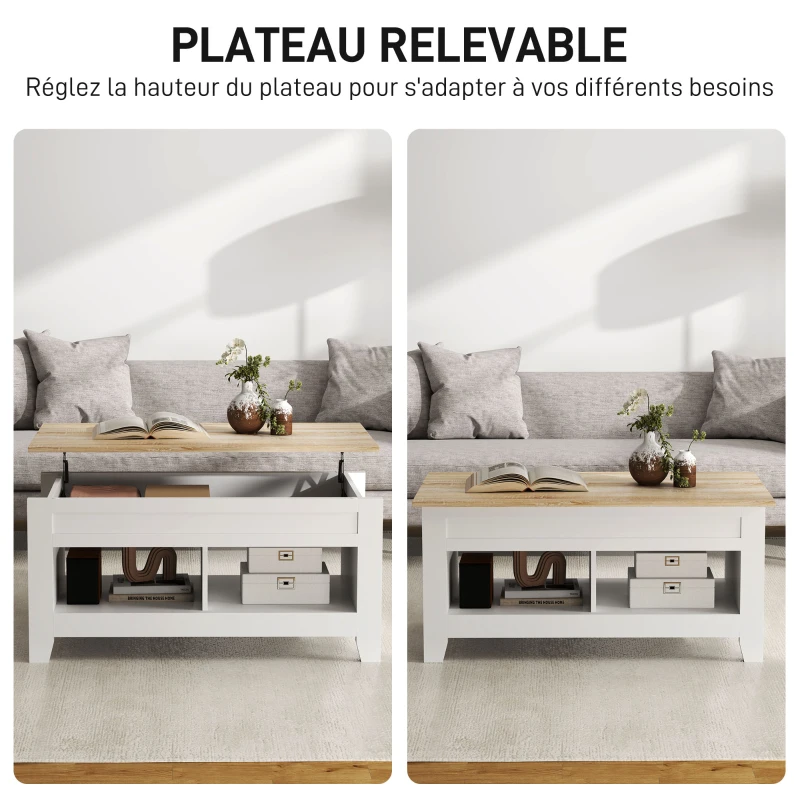 HOMCOM Table basse plateau relevable, table de salon avec étagères et compartiment caché,105 x 50 x 49-62,5 cm blanc