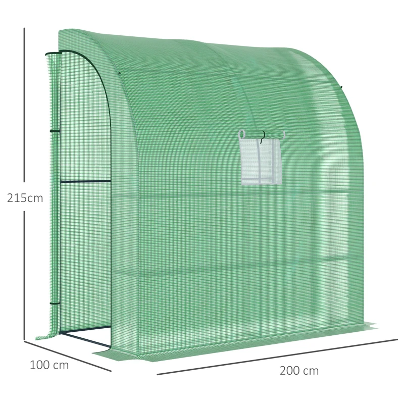 Outsunny Lean to Wall Greenhouse with 2 Tiers 4 Wired Shelves, Walk-In Plant Shelter with Mesh Windows and Doors, 200L x 100W x 215Hcm, Green