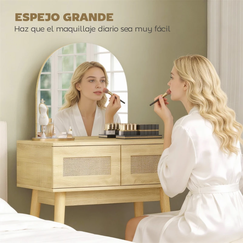 HOMCOM Tocador de Maquillaje con Espejo Arqueado 2 Cajones con Frontal de Ratán para Espacios Pequeños Natural
