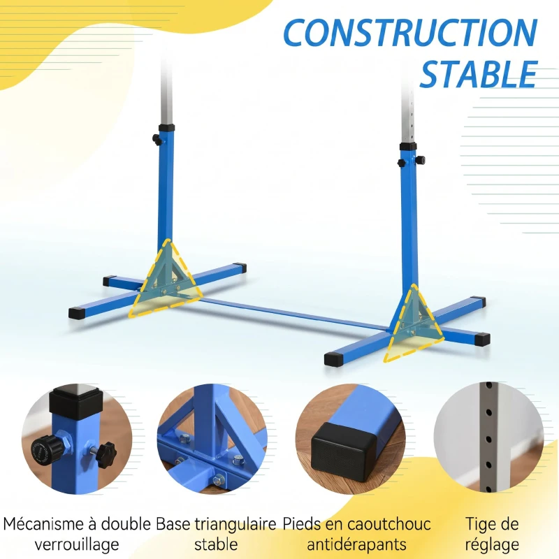 HOMCOM Barre fixe de gymnastique enfant - barre de gymnastique hauteur réglable 13 niveaux 92 à 150 cm - acier bleu bois hêtre