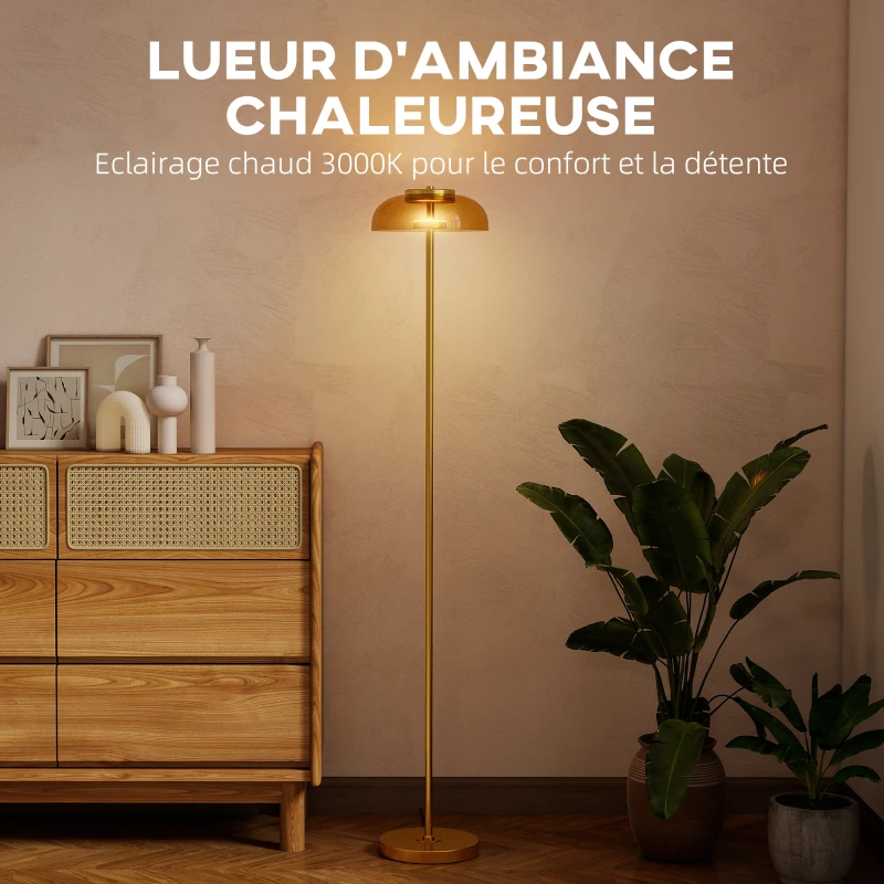 HOMCOM Lampadaire sur pied de salon, lampe salon LED avec lumière chaude 3000 K et interrupteur à pied, Ø25x134cm, ton laiton