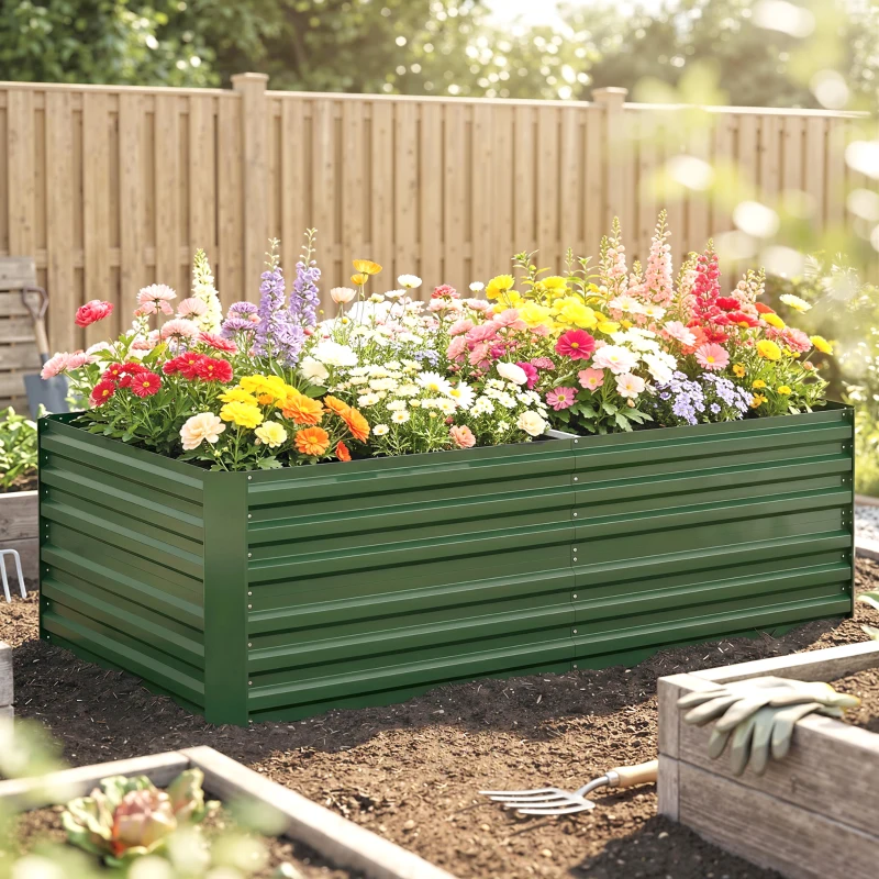 Outsunny Raised Beds for Garden, Galvanised Steel Outdoor Planters with Multi-reinforced Rods, 180 x 90 x 59 cm, Green