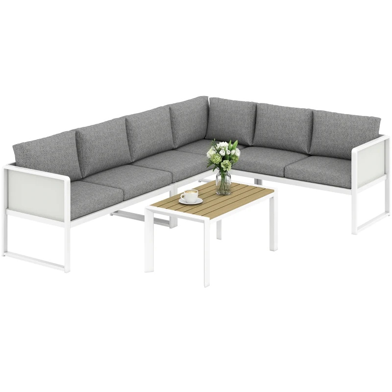 Outsunny Conjunto de Jardim de 4 Peças Sofá Exterior Seccional em L com 3 Sofás de 2 Lugares Assento em Textilene Mesa com Bancada Efeito Madeira WPC Cinza Claro e Branco