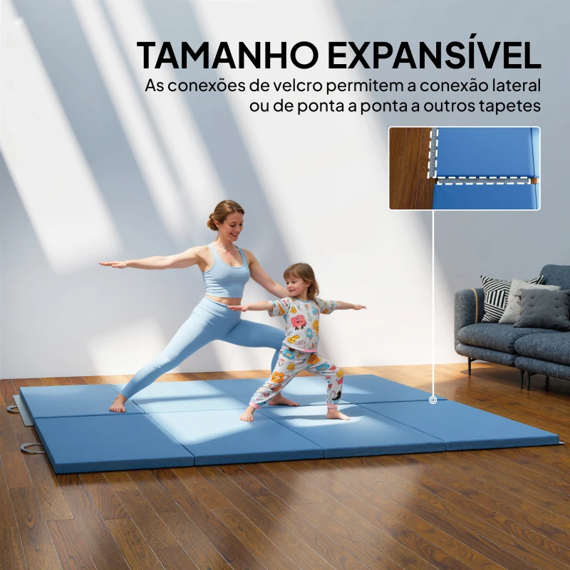 HOMCOM Colchão de Ginástica Dobrável com Espessura de 5 cm e Alças de Transporte para Yoga Aeróbica 240x120x5 cm Azul Claro