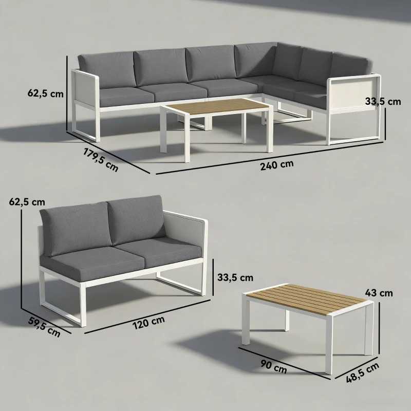 Outsunny Conjunto de Jardín Exterior con Cojines 3 Sofás de 2 Plazas Mesa con Tablero Efecto Madera WPC y Cojines Gris y Blanco