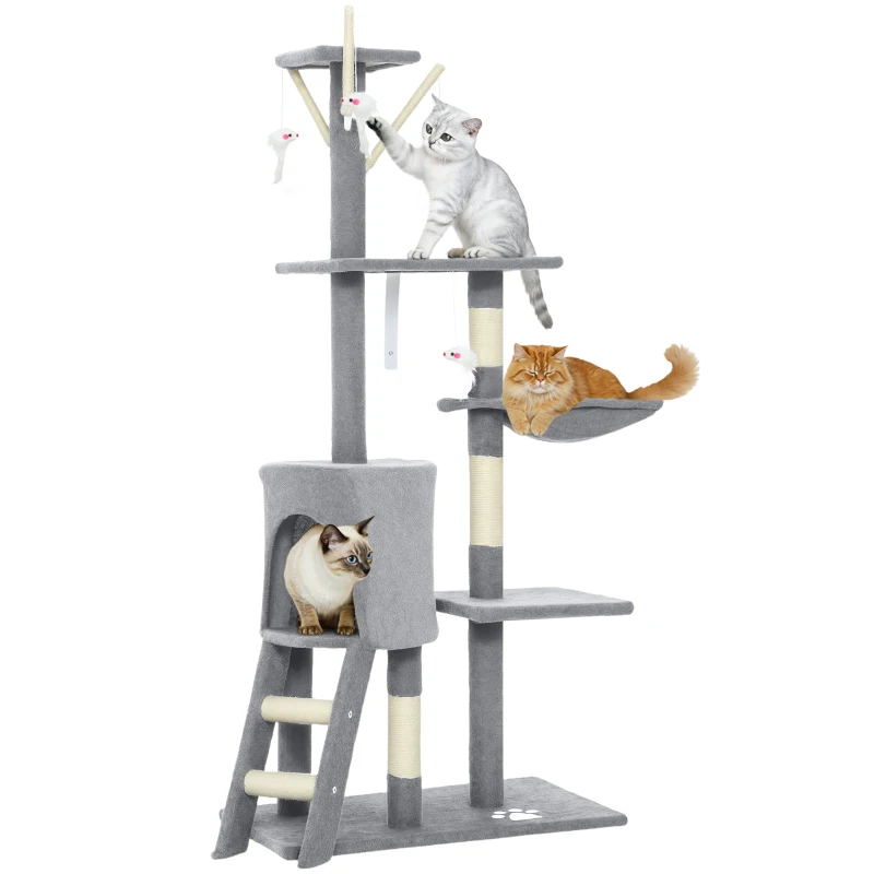 PawHut Árbol Rascador para Gatos Altura 134 cm con 6 Postes 3 Plataformas Cueva Hamaca Escalera 4 Juguetes Colgantes Gris