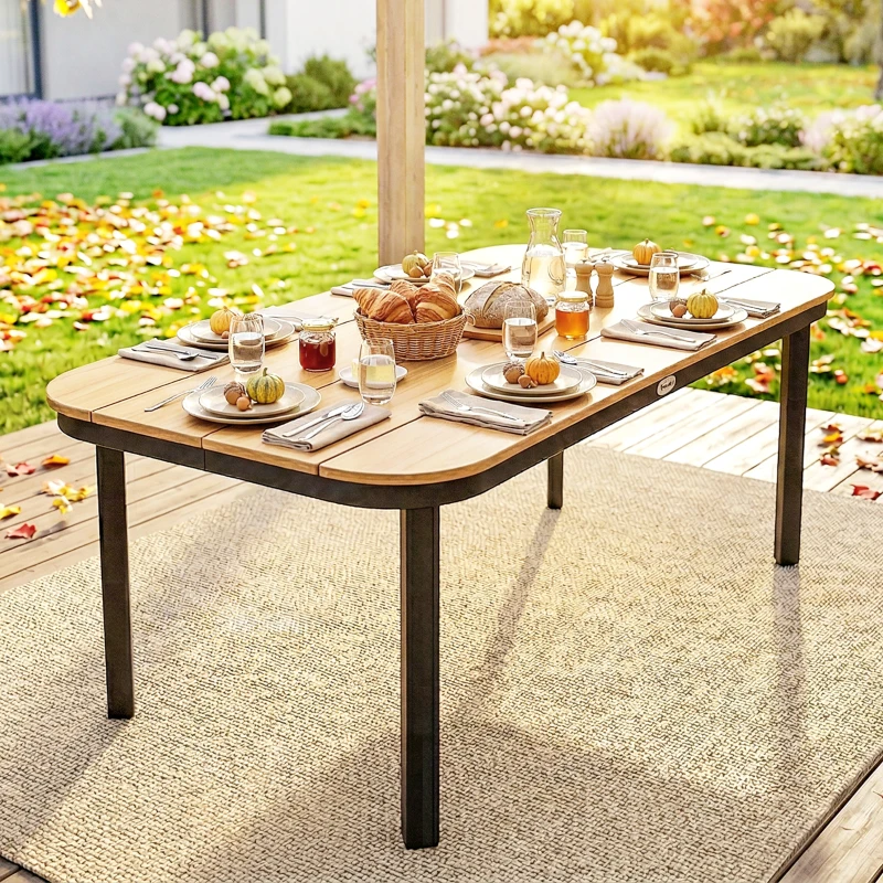 Outsunny Table de Jardin Rectangulaire pour 4-6 Personnes, Plateau en WPC à Lattes, Bords Arrondis, 155x88x72cm, Naturel