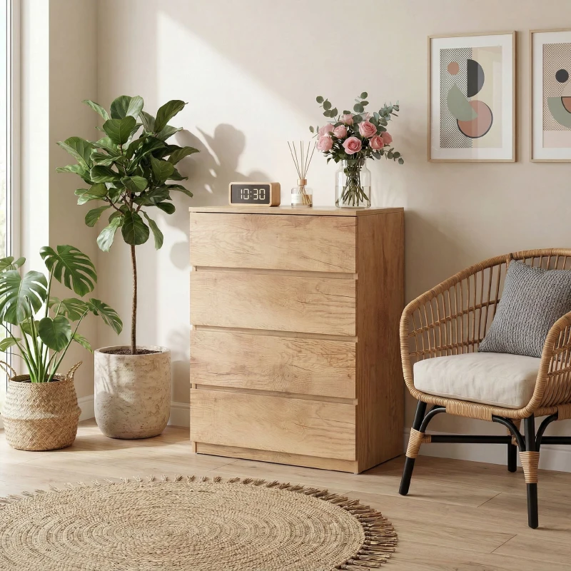 HOMCOM Cómoda de 4 Gavetas para Quarto Moderna Design sem Puxadores para Sala de Jantar Entrada 60x40x80 cm Madeira