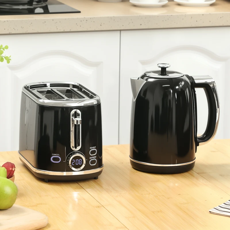 HOMCOM Ensemble bouilloire et grille-pain, bouilloire en acier inoxydable 1,7 L et 2200 W et grille-pain à 2 tranches, noir