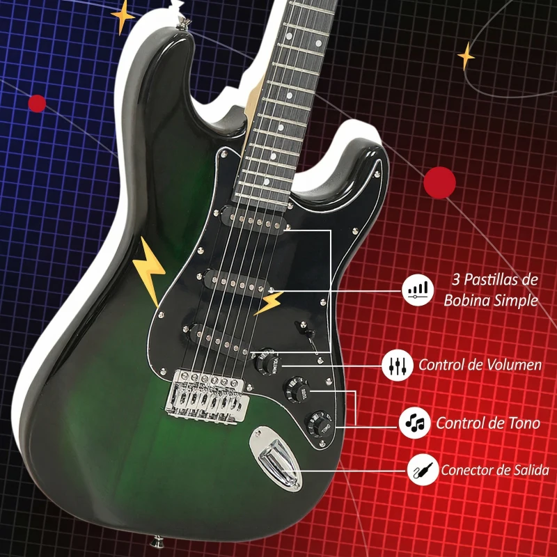 SPORTNOW Kit Guitarra Eléctrica de Iniciación con Amplificador 15W Afinador Digital Cuerdas Correa 3 Púas y Funda Negro