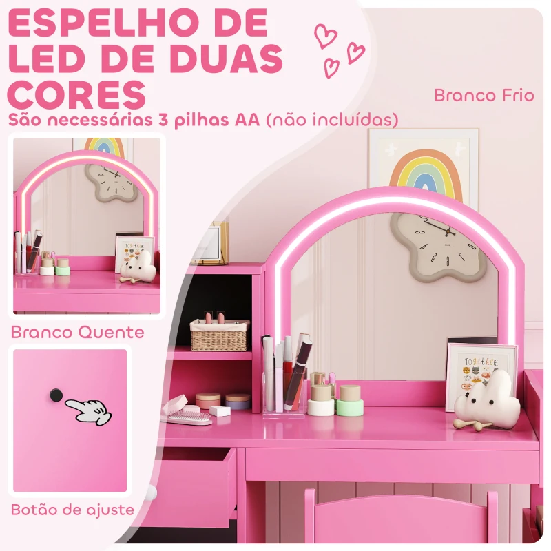 AIYAPLAY Toucador de Maquilhagem Infantil com Banquinho e Espelho com Luzes LED 1 Gaveta Armário e 5 Prateleiras Rosa
