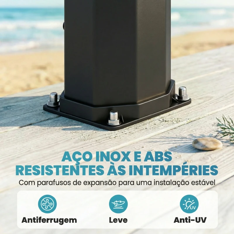 Outsunny Duche Solar de Jardim 60 L com Chuveiro de Mão Torneira para Pés Água Fria e Quente até 60 °C Ligação a Mangueira 21,8x18,2x227 cm Preto