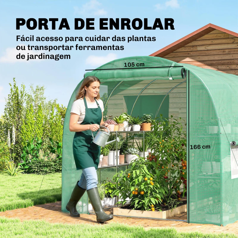 Outsunny Estufa Tipo Túnel 2,8x2x1,9 m com Prateleiras Estufa de Jardim com Porta Enrolável, 6 Janelas de Rede Verde