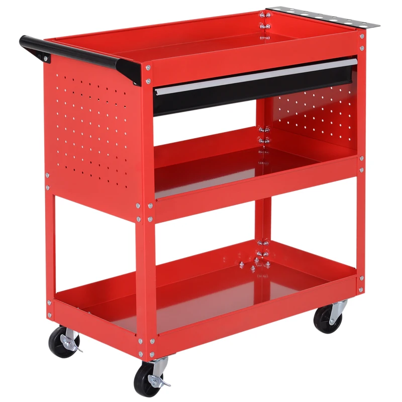 DURHAND Carro de Taller Carro de Herramientas con 3 Bandejas y Cajón Ruedas con Frenos Asa Lateral Panel Lateral Perforado Rojo