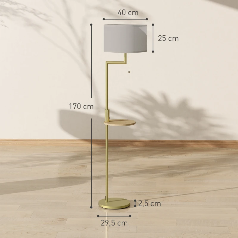 HOMCOM Candeeiro de Pé com Mesa Auxiliar Lâmpada E27 Máx. 40W Ecrã de Linho Interruptor de Corrente e Carregador USB Ø40x170 cm Dourado