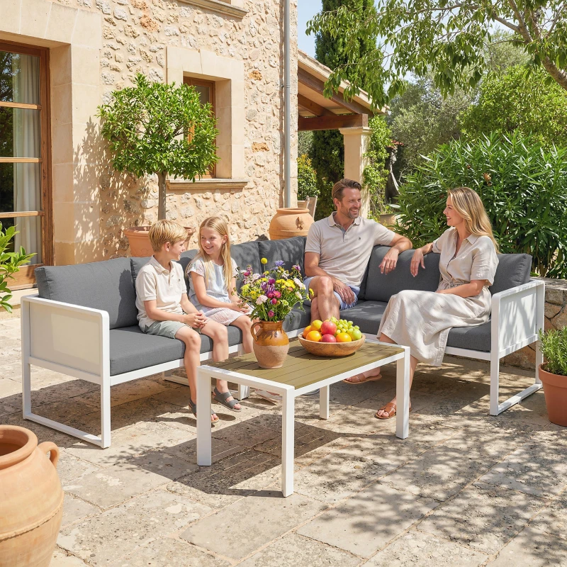 Outsunny Conjunto de Jardim de 4 Peças Sofá Exterior Seccional em L com 3 Sofás de 2 Lugares Assento em Textilene Mesa com Bancada Efeito Madeira WPC Cinza Claro e Branco