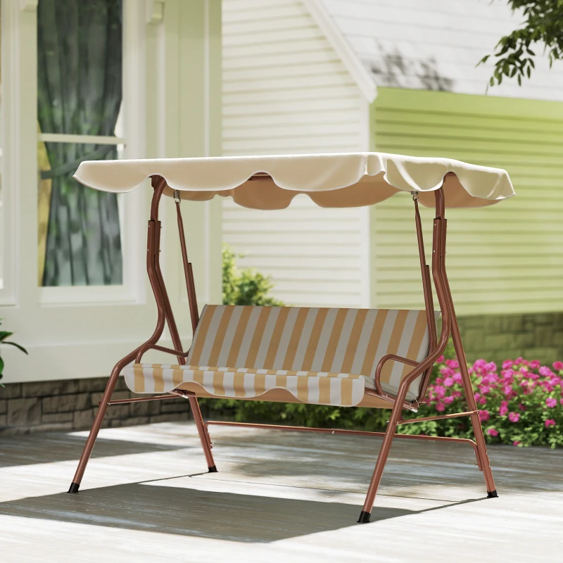 Outsunny Balancelle de Jardin 3 Places Toit imperméabilisé Inclinaison réglable Coussins Assise Dossier marron, crème rayé