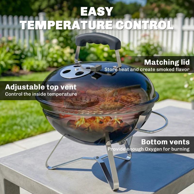 Outsunny Grill Węglowy Przenośny Okrągły z Pokrywą, Regulowane Otwory Wentylacyjne, do Barbecue, 41x41x44 cm, Czarny