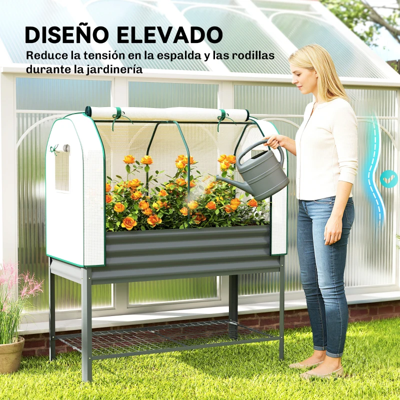 Outsunny Huerto Urbano Elevado con Cubierta de Invernadero y Estante Inferior para Cultivo Plantas 120x55x140 cm Gris Oscuro