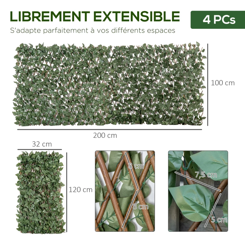 Outsunny Lot de 4 Haies Artificielles de Lierre Extensible, Feuilles Murale Brise-vue en Polyester Osier, 200 x 100 cm, Vert