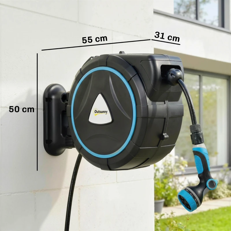 Outsunny Wand-Schlauchaufroller Automatisch 23+2m Automatischer Schlauchabroller 10+2 Modi 55x31x50cm Blau