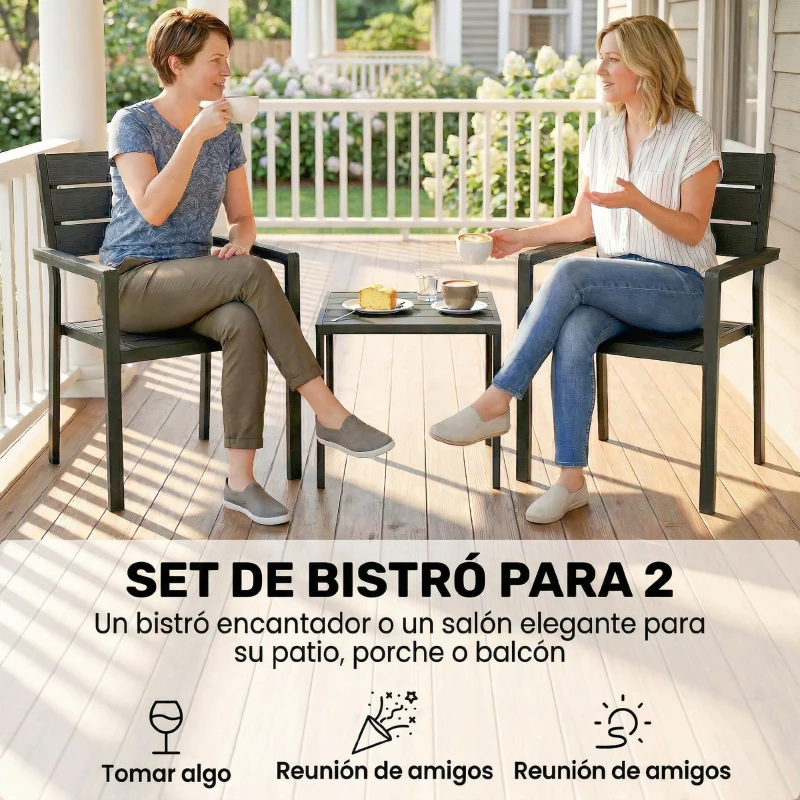 Outsunny Conjunto de Jardín de 3 Piezas con 2 Sillas y Mesa de HDPE Diseño Listones Efecto Madera para Patio Balcón Negro