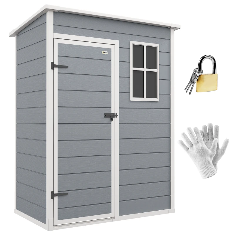 Outsunny 5' x 3' Plastic Garden Shed with Floor, Outdoor Storage Shed with Lockable Door, Window and Vent for Garden, Patio, Grey