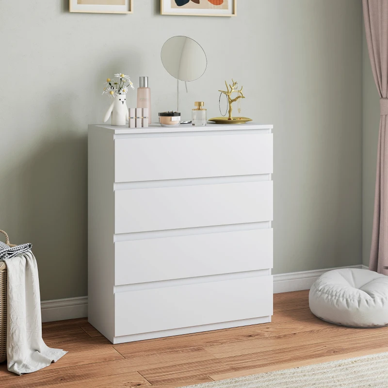 HOMCOM Commode 4 tiroirs, meuble de rangement épuré pour chambre, intérieur, 80 x 39 x 95 cm panneau de particules blanc