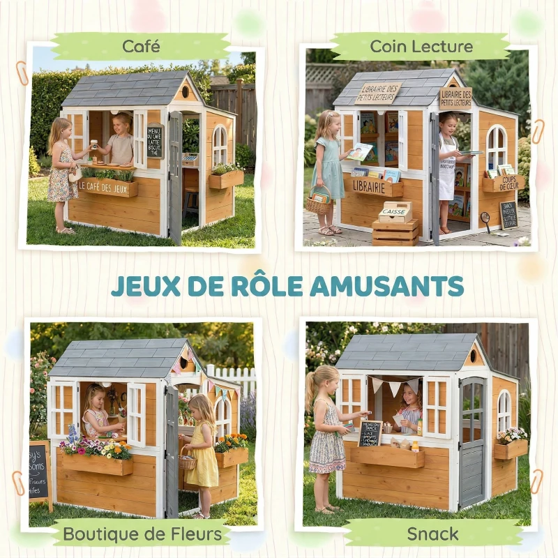 AIYAPLAY Cabane enfant extérieur en bois, maison enfant extérieure/intérieure avec porte, fenêtres, 3 bacs à fleurs, jaune