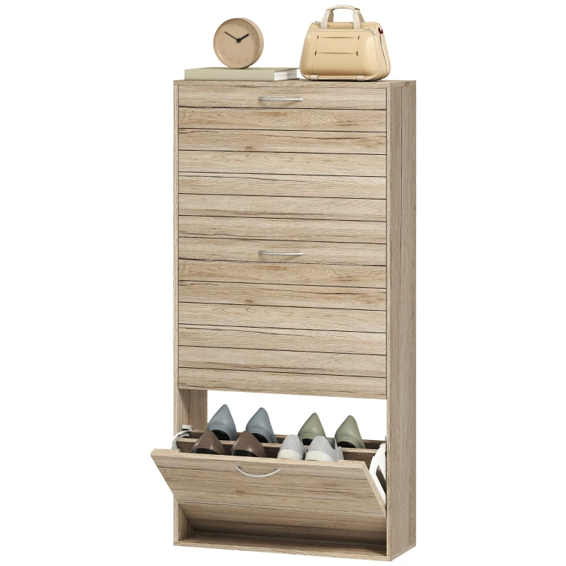 HOMCOM Zapatero Estrecho con 3 Puertas Abatibles Zapatero Entrada Recibidor Estantes Ajustables para 12 Pares de Zapatos Roble