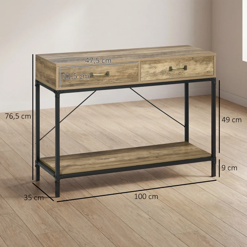 HOMCOM Mesa de Consola Industrial Mesa de Sofá con 2 Cajones y Estante para Recibidor con Patas de Metal Marrón y Negro
