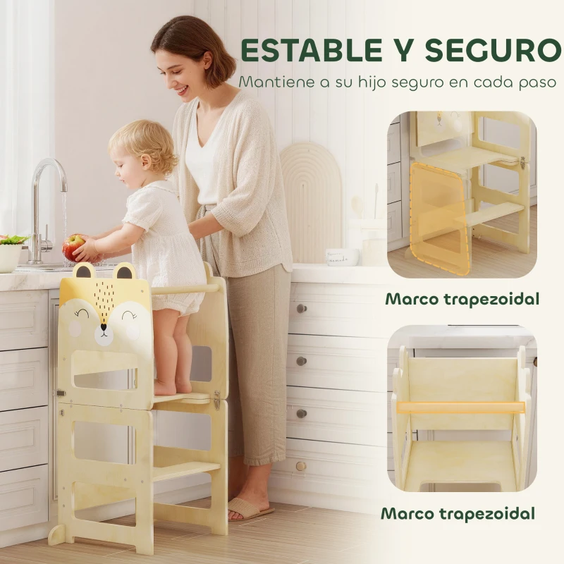 AIYAPLAY Torre de Aprendizaje 3 en 1 Plegable Convertible en Escritorio y Silla con Pizarra Dibujos de Zorros Natural