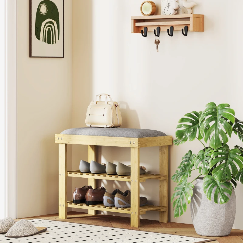 HOMCOM Banc à chaussures en bambou, étagère à chaussures à 3 niveaux, style scandinave, 60 x 29 x 49 cm, gris et bois naturel