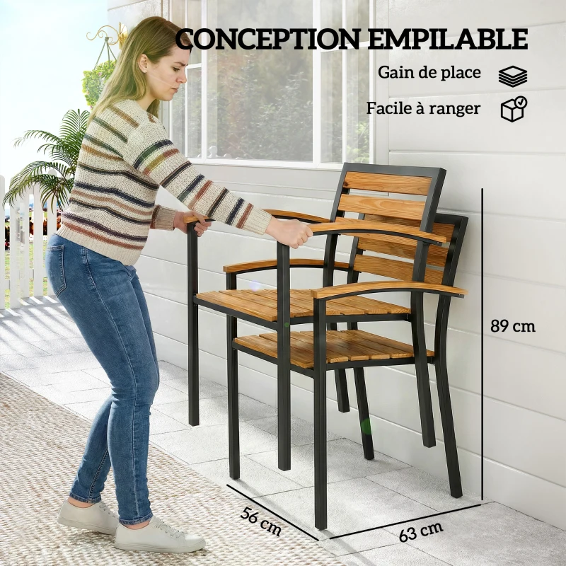 Outsunny Lot de 2 Chaises de Jardin Empilables en Acier, Accoudoir Assise et Dossier en Bois Massif à Lattes, 56x59x84cm, Naturel